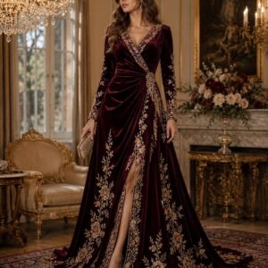 Burgundy Velvet Kaftan Dress