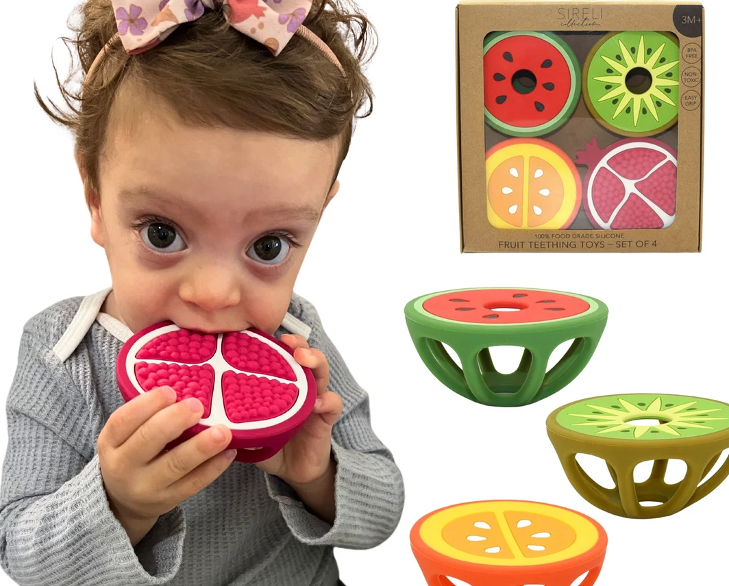 Set of 4 Fruit Shaped Teethers, BPA Free Non Toxic, Teething Toy, Baby 3 Months+