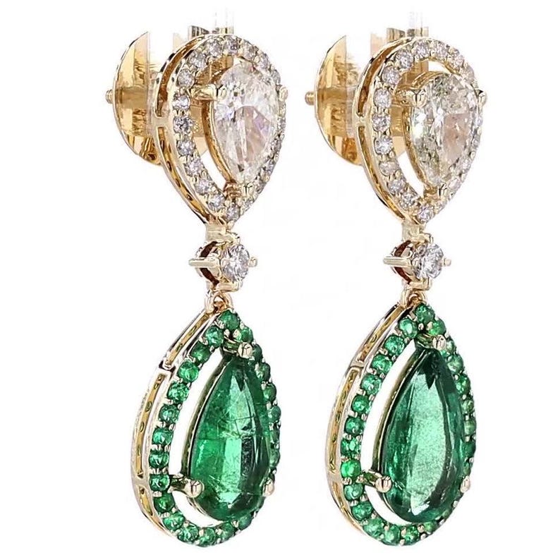 Pear Natural Emerald Diamond Dangle Earrings
