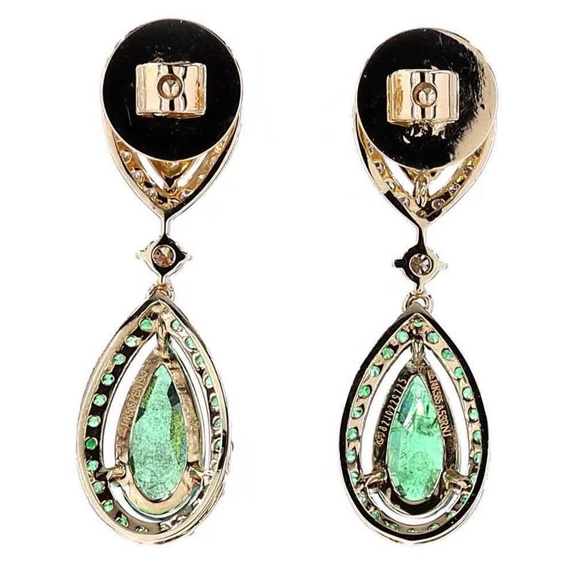 Pear Natural Emerald Diamond Dangle Earrings