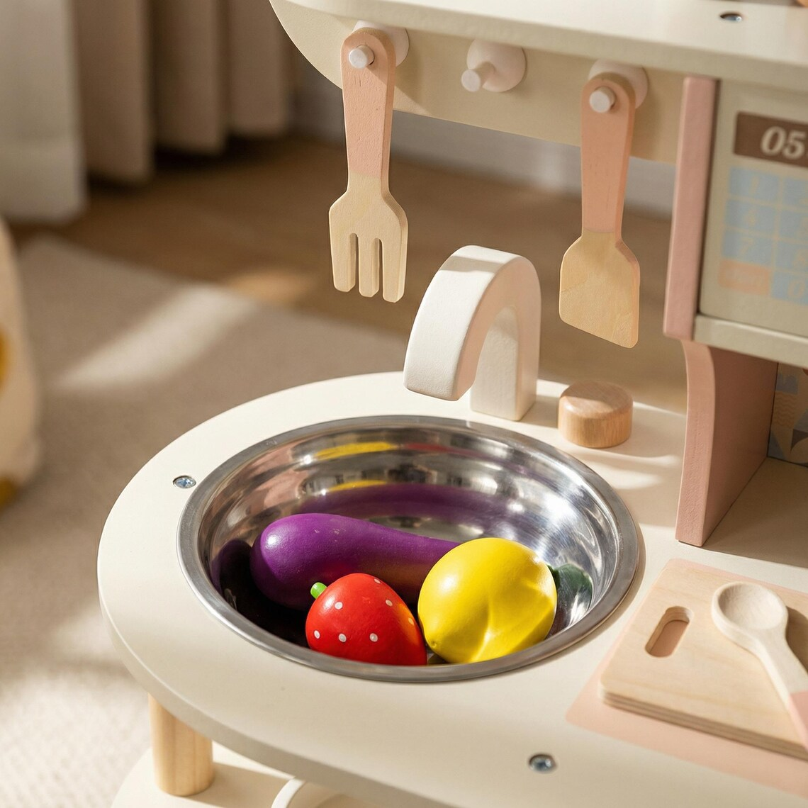 Wooden Play Kitchen Set, Pink & Cream Toy Kitchen with Accessories