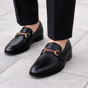 Handmade Black Leather Loafers with Green Red Strap | Classic Horsebit Slip-On Shoes for Men