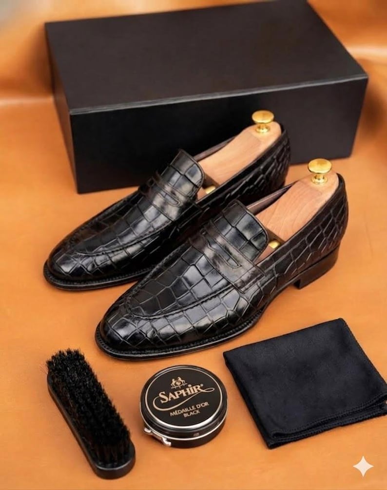 Handmade Black Alligator Embossed Leather Loafers for Men, Luxury Exotic Skin Dress Shoes for Groomsmen