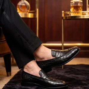 Handmade Black Alligator Embossed Leather Loafers for Men, Luxury Exotic Skin Dress Shoes for Groomsmen