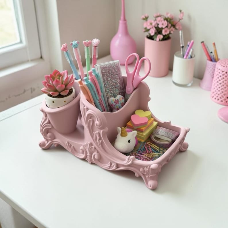 Pink Rococo Desk Organizer, Baroque Vanity Storage, Feminine Office Decor