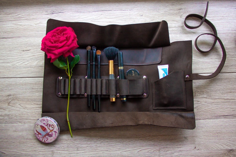 Leather brush roll,Leather brush holder,Leather brush case,Portable makeup roll,Makeup brush roll