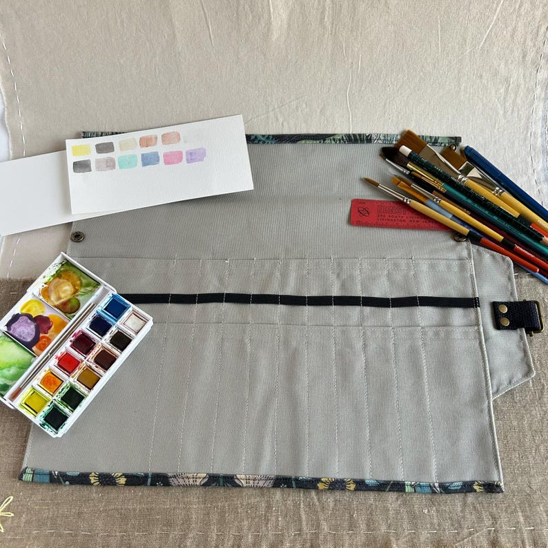 Moon Bunny Paint Brush or Pencil Roll, Canvas Artist Organizer