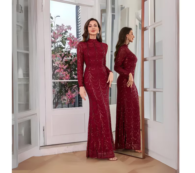 Elegant Women'S Deep Red Sequin Long Sleeve Gown